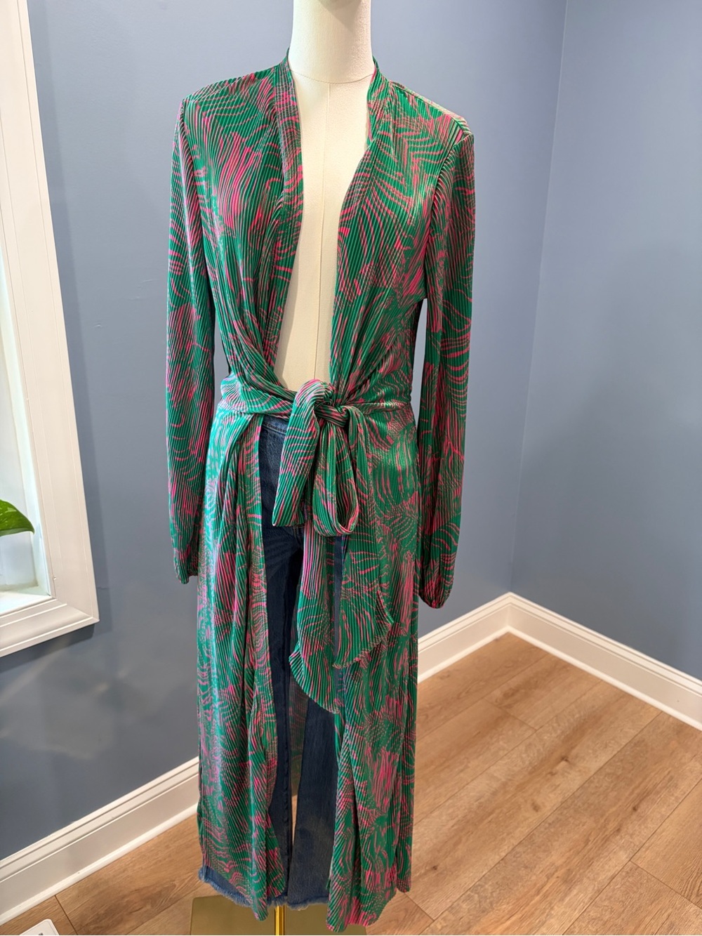 Intempo Green Pink Zebra Print Kimono Duster M Tie Waist Long Cardigan
